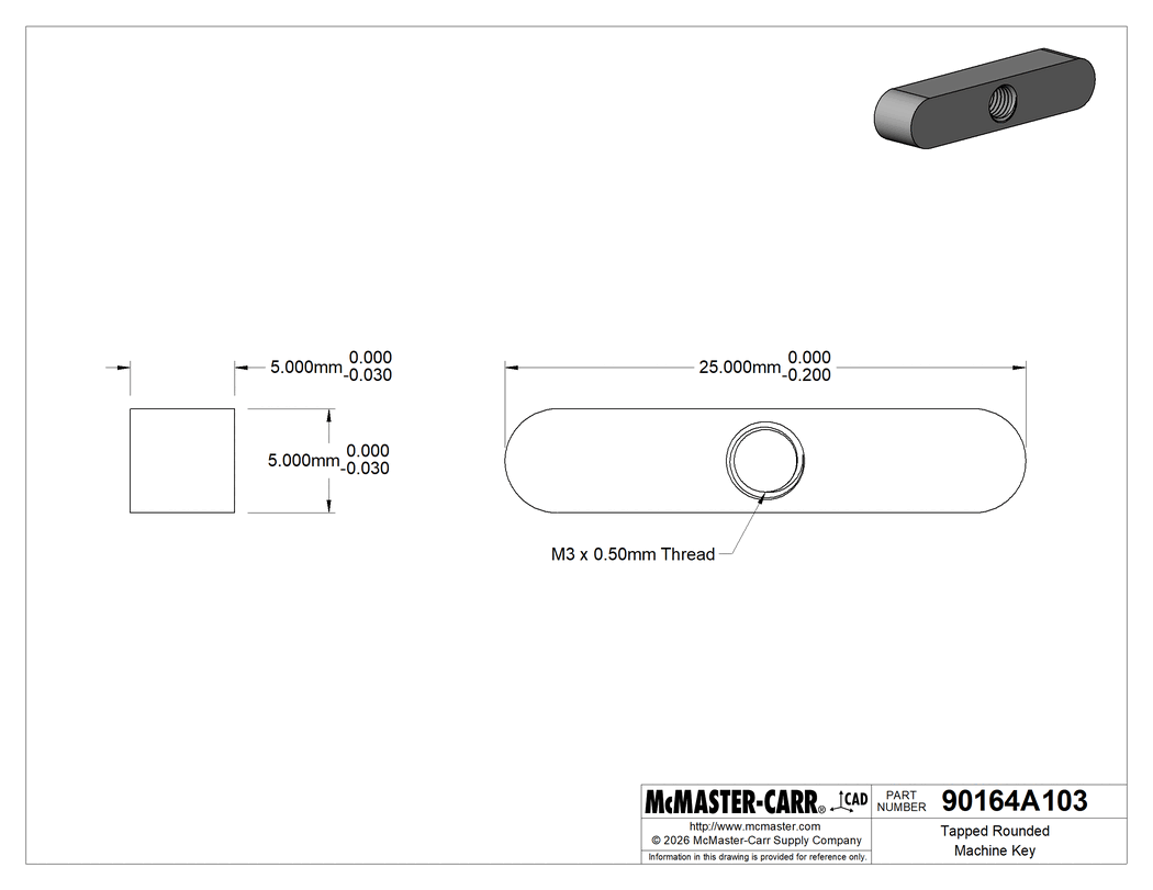 Technical Drawing of Tapped Rounded Machine Key, 1018-1045 Carbon Steel, 5 mm x 5 mm, 25 mm Long.
